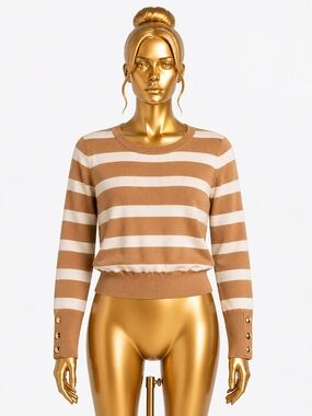 Philosophy Camel and White Striped Knit Sweater with Button Cuffs